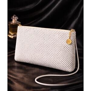 White Metal Mesh Purse Crossbody Bag Snake Chain Strap Shoulder 8.5” Wedding